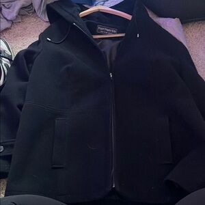 Black Fleece Raincoat with High Collar and Full-Length Zipper